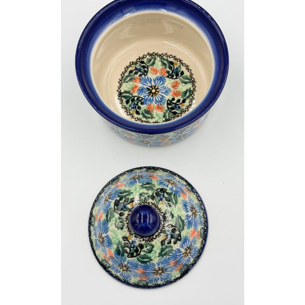 Unikat Polish Pottery E. Karbownik 6' Lidded Bowl Blue Wreath Jar - Picture 3 of 8
